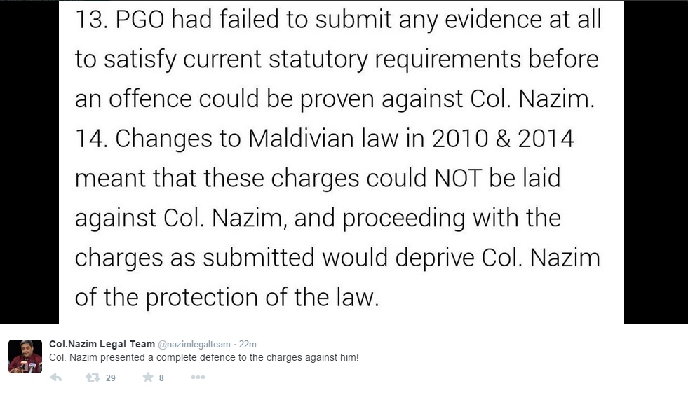 ނާޒިމްގެ ޤާނޫނީ ވަކީލުންގެ ފަރާތުން ޝަރާއަތަށް ހުށަހެޅި ދިފާއީ ހެކި. ފޮޓޯ/ ކާނަލް ނާޒިމްގެ ވަކީލުންގެ ޓްވިޓާ